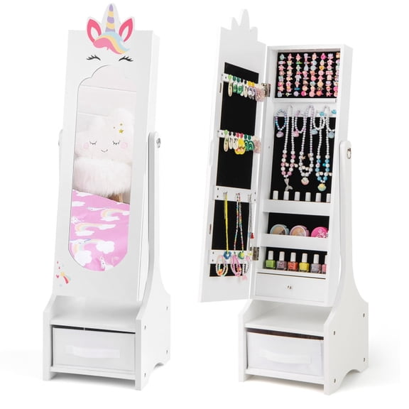 Furnibear Kids Jewelry Cabinet Armoire with Full-Length Mirror and Drawer Storage for Girls Bedroom and Playroom, White