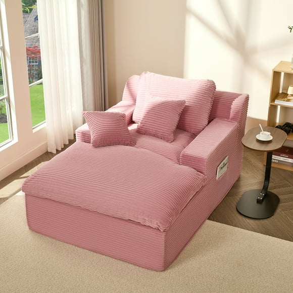 BIGSYY Chaise Longue, Canapé-Lit de Sol, Design Moderne Sans Assemblage pour Adultes, Siège en Mousse Confortable pour Salon et Chambre, Velours Côtelé, Rose