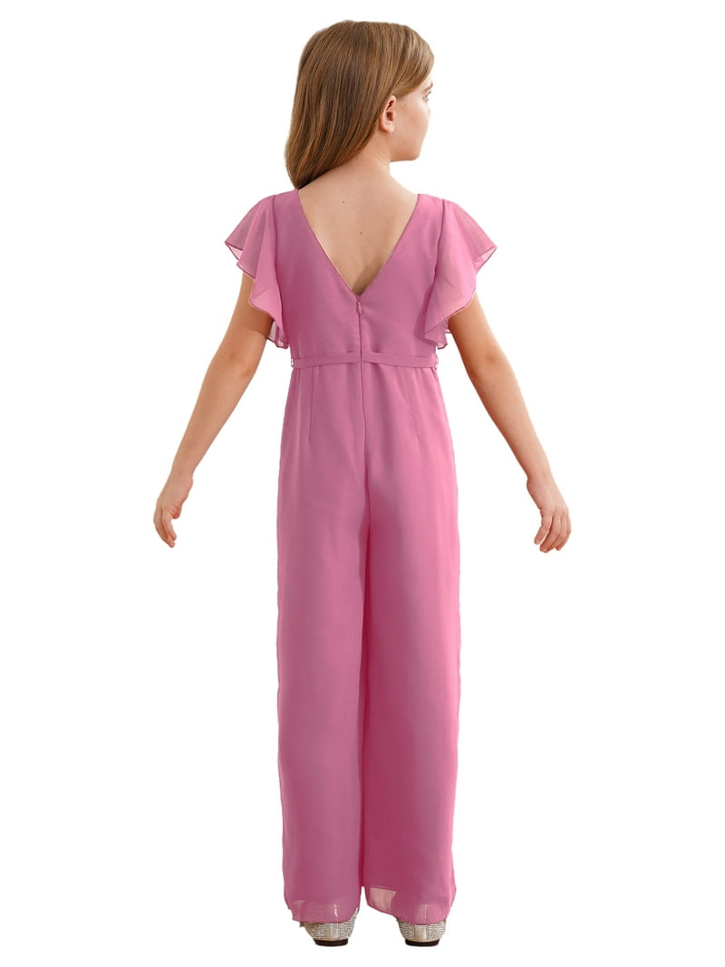 Rswnyirn Kids Girl's Ruffle Sleeve Belted Jumpsuit Pants Summer