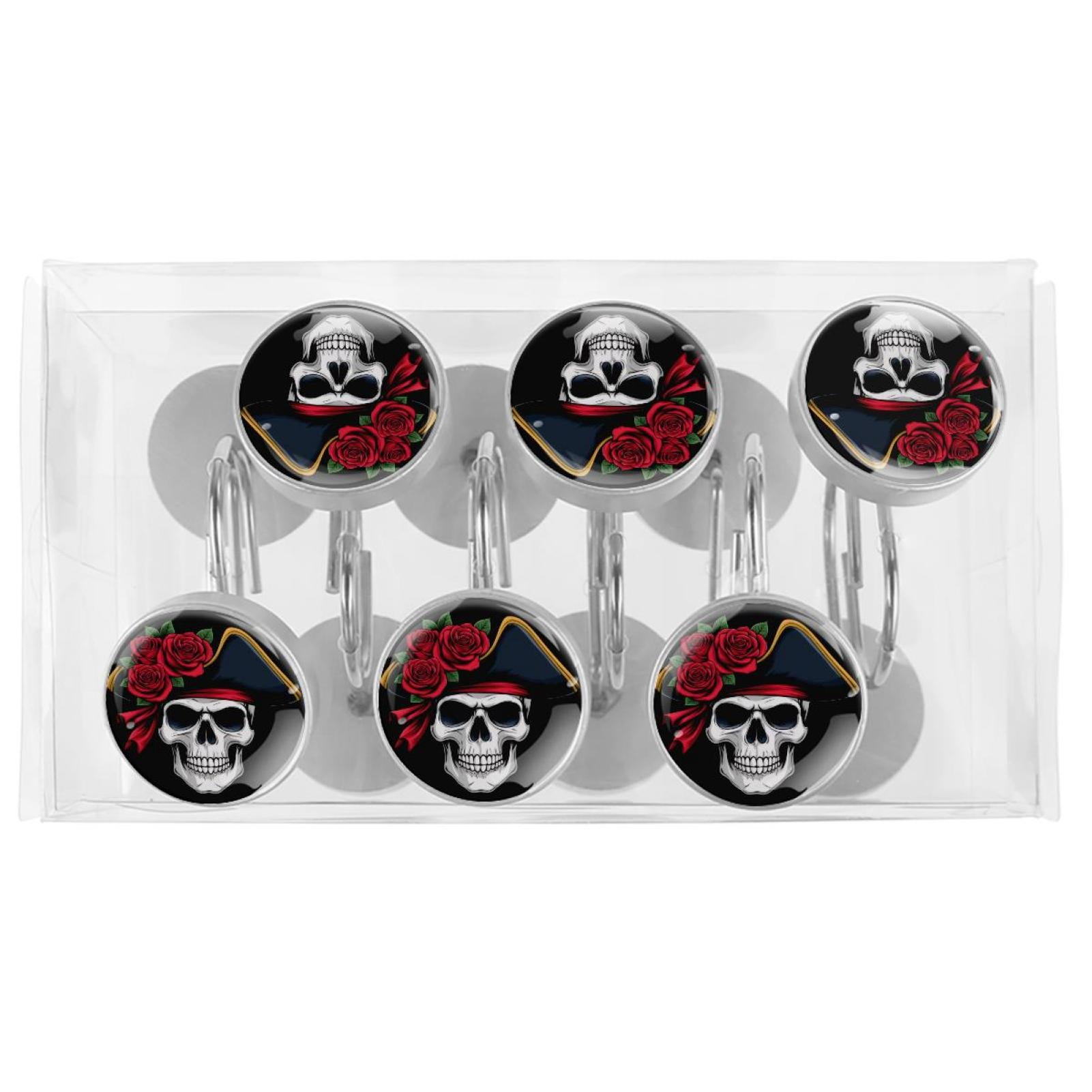 12pcs Decorative Shower Curtain Hooks, Rust Resistant Shower Rings for Bathroom Living Room,Rustproof Stainless Steel Rings for Shower Curtain and Liner Rods,Red Rose Skull