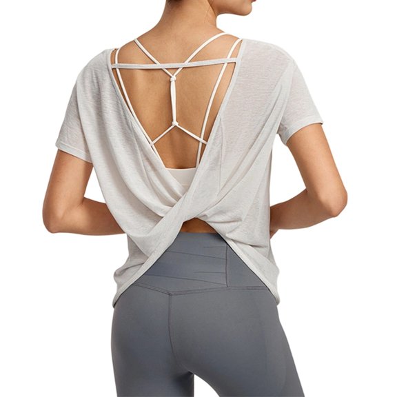 Womens Open Back Workout Top Twist Back Backless Athletic Shirt Breathable Summer Yoga Running Gym Activewear