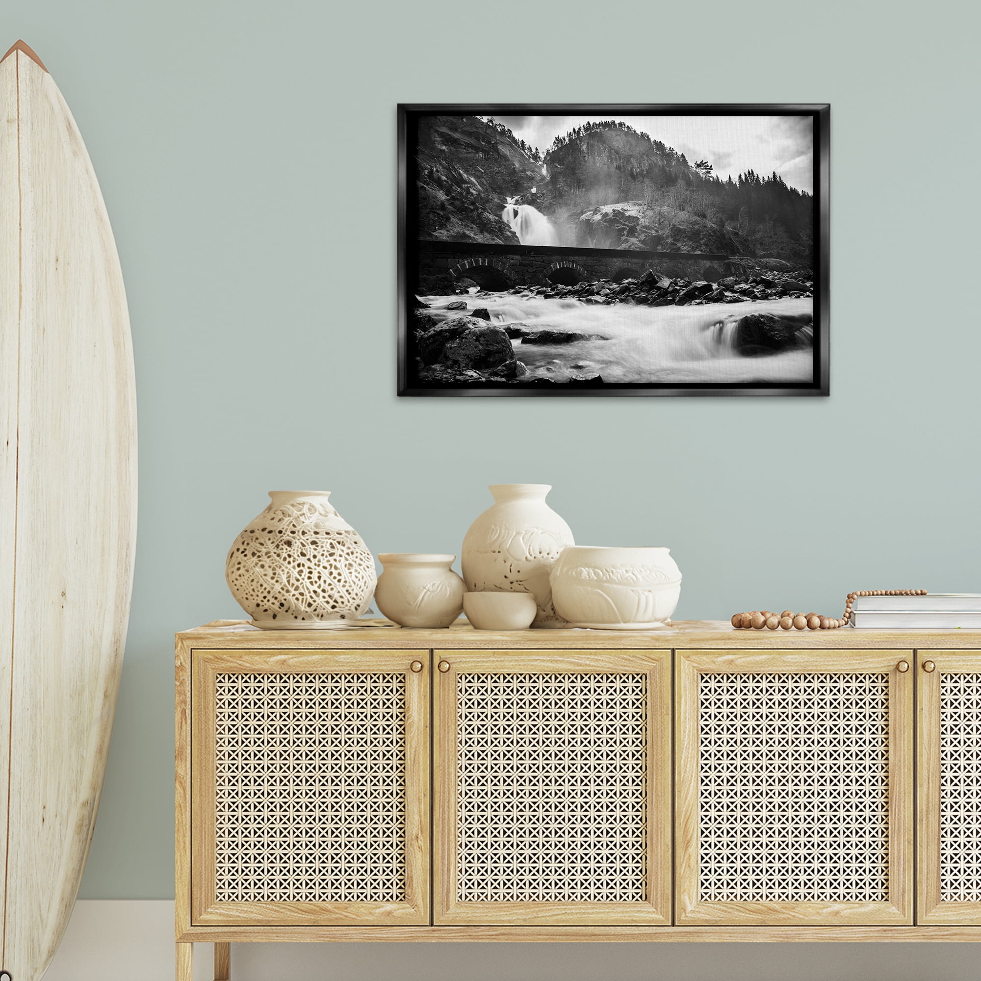 Stupell Industries Waterfall Ravine Photography Landscape & Nature Photography Black Floater Framed Canvas Art Print Wall Art, 31 x 21