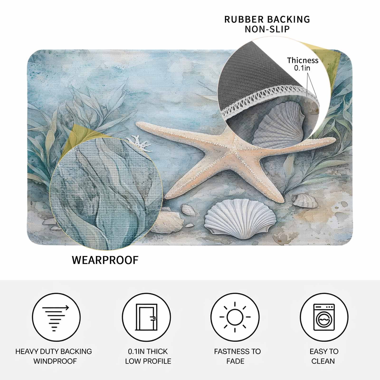 Coastal Starfish Doormat Outdoor Entrance 24"x36", Beach Summer Starfish Nautical Shell Blue Absorb Moisture Dirt Door Mats, Non-Slip Rubber Backing Floor Mats Indoor, Low-Profile Front Door Rugs