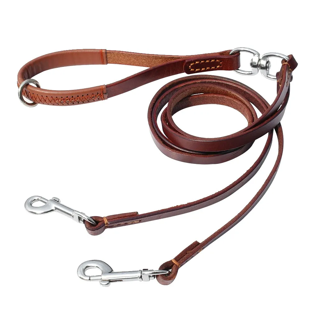 Didog 2 Way Real Leather Dog Double Leash Coupler Leashes for Two Twin Dogs Black Brown