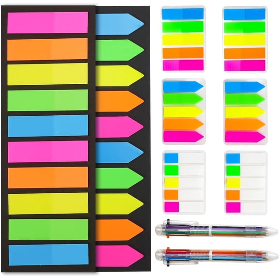 1000 Pcs Sticky Notes with 2 Pack Multicolor Ballpoint Pen,Arrow Flag Tabs Page Markers Sticky Tabs for Notebooks, Writable and Repositionable File Flags Annotation Supplies