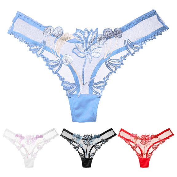 Siminsem Lace Thong for Women Embroidered Sheer Panties No Show T-Back Underwear Feminine Floral Lace Breathable Stretchy Multipack S-XXL, Blue,One Size