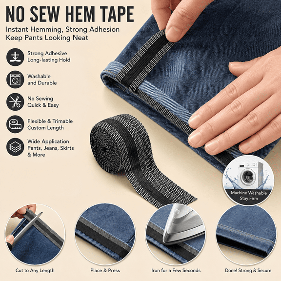 No Sew Hemming Tape, Iron-On Fabric Hem Tape for Pants, Jeans, Skirts & Clothing, Strong Adhesive Fusible Hemming Tape for Quick DIY Alterations & Repairs