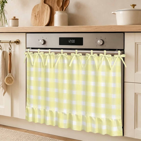 Yellow White Plaid Oven Skirt Curtain, Farmhouse Rustic Country Checkerboard Pattern Tie Top Tier Curtains Stove Dishwasher Skirt Small Window Drapes for Kitchen Bathroom Cafe 27"x20"