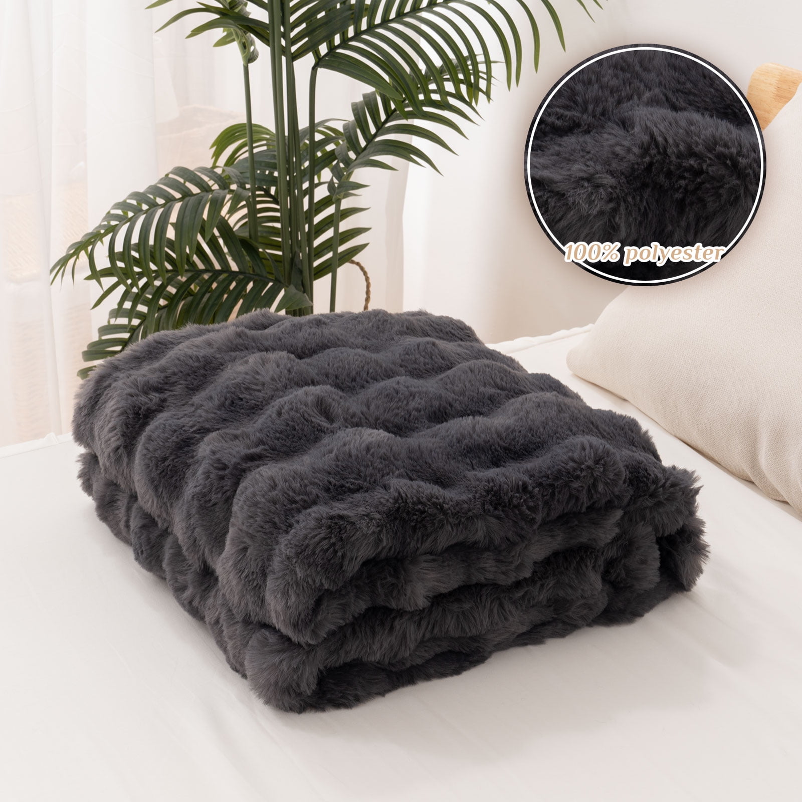 VK·LIVING Thick Ribbed Faux Rabbit Fur Cozy Reversible Throw Blanket,Super Soft 3D Striped Fuzzy Cozy Blankets,Dark Gray,90"x 90"
