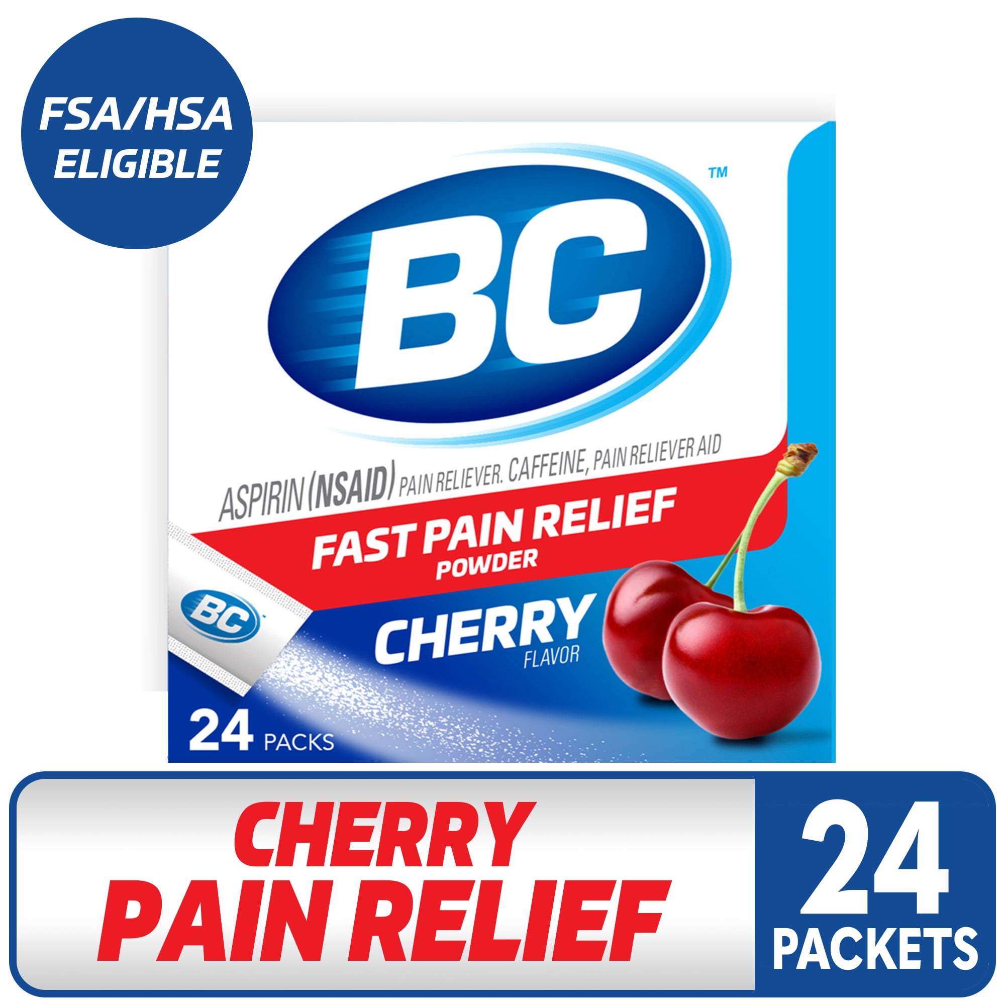 BC Pain Relief Powder, Cherry Flavor Headache Relief with Aspirin & Caffeine, 24 Count