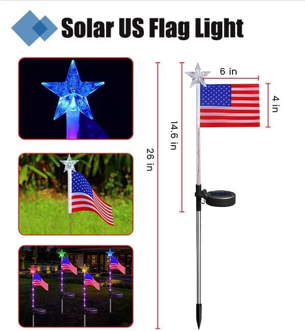 RuWeoMaa 6 Pack American Flag Lights, 4th of July Decor Outdoor Solar Lights, Red White and Blue Star Lights for National Day, Waterproof Patriotic Light for Independence Memory Day Garden Yard