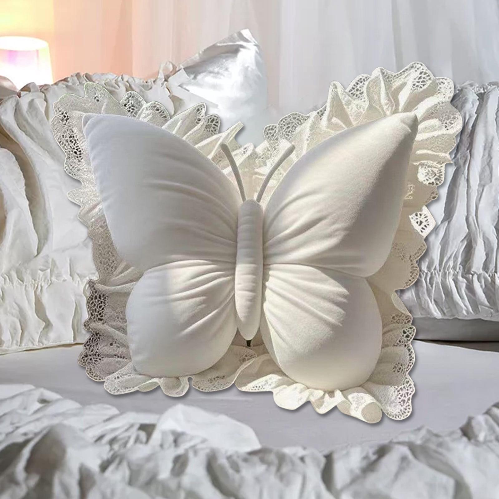 Comefolife Cute Butterfly Pillow with Lace Bow Throw Pillows Furry Bownote Plush Pillow Decor Bow Lumbar Suffed Pillow for Home Living Room Bedroom Bed Couch Cushion (White)