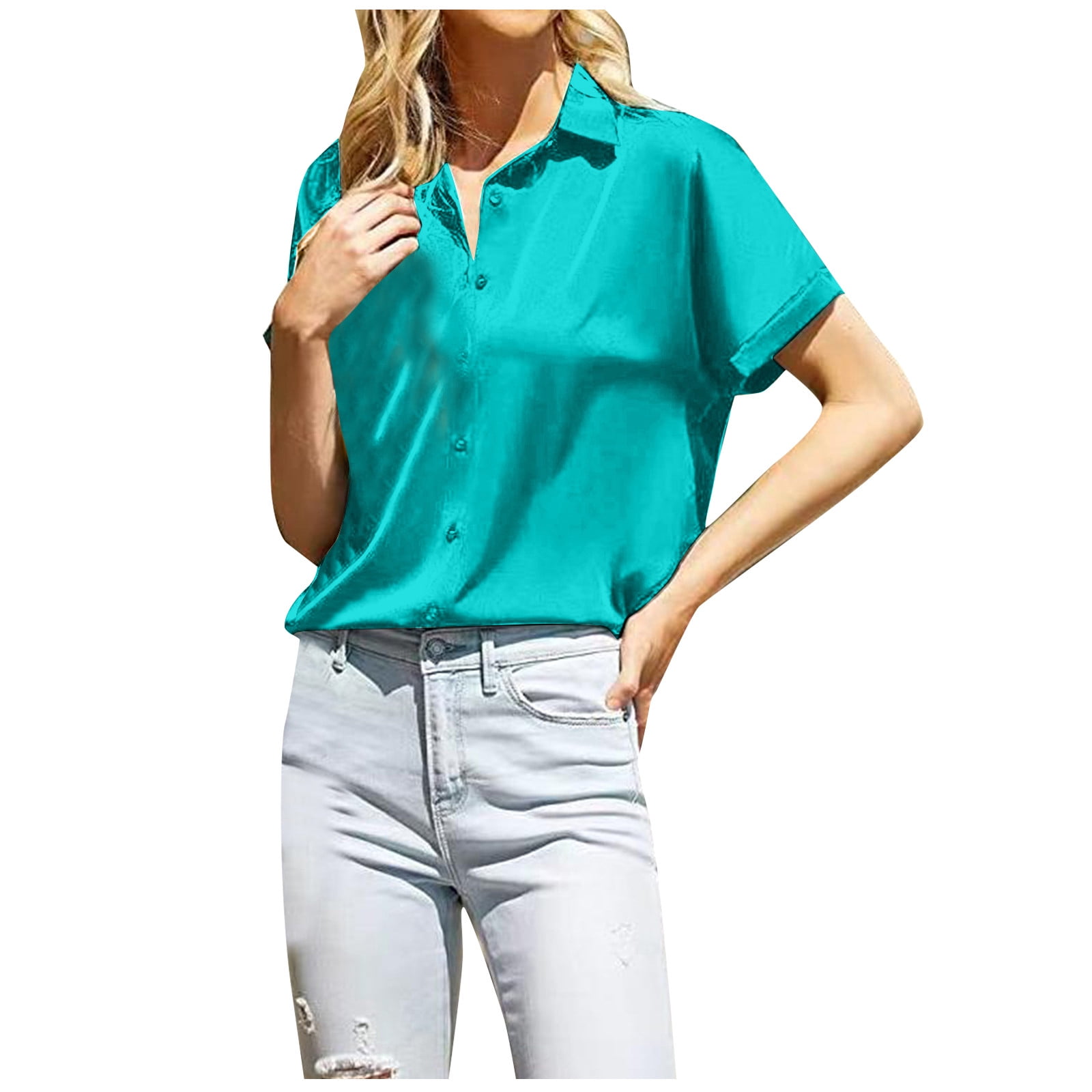 QWANG Silk Blouse for Women's Short Sleeve Satin Button Down Shirts Casual Loose VNeck Business