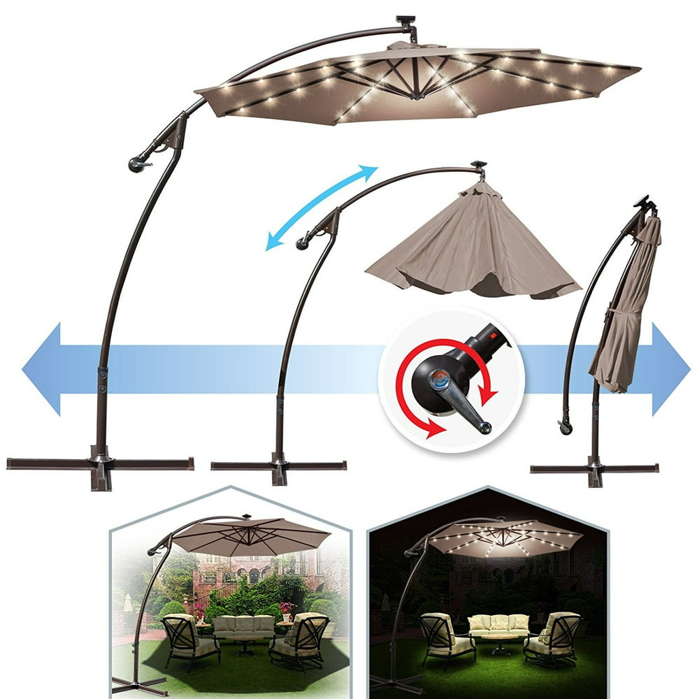 9 ft Cantilever Solar Powered LED Light Patio Offset Hanging Umbrella