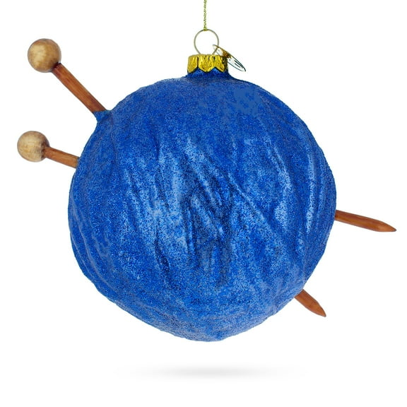 Blue Yarn Ball and Sticks Glass Christmas Ornament