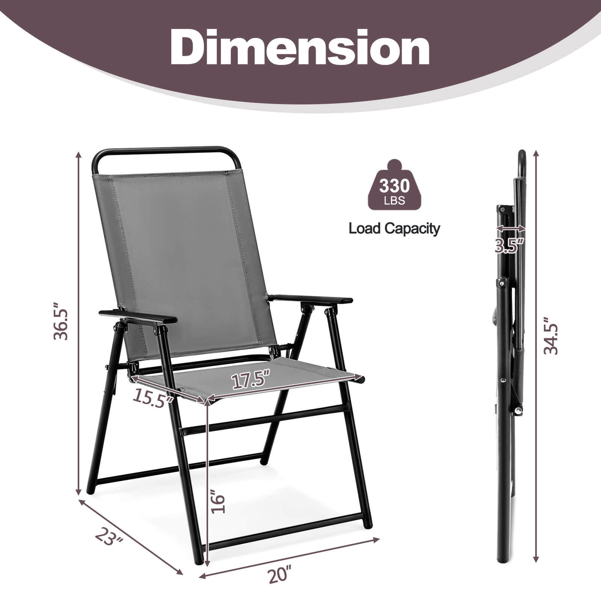 Costway 2pcs Patio Folding  Chairs Dining Armrest Backrest Outdoor Portable Gray