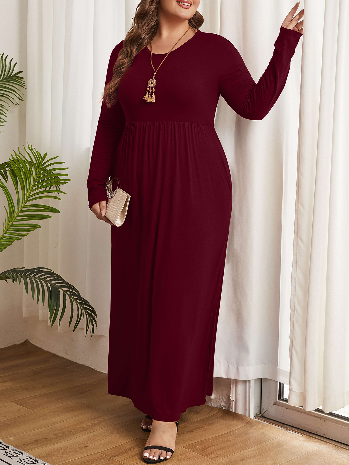 Mengpipi Women's Plus Size Long Sleeve Maxi Dress, Red photo 3