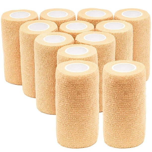 12 Pack 4 in x 5 ft Tan Cohesive Bandage Wrap, Self Adherent Tape, Vet