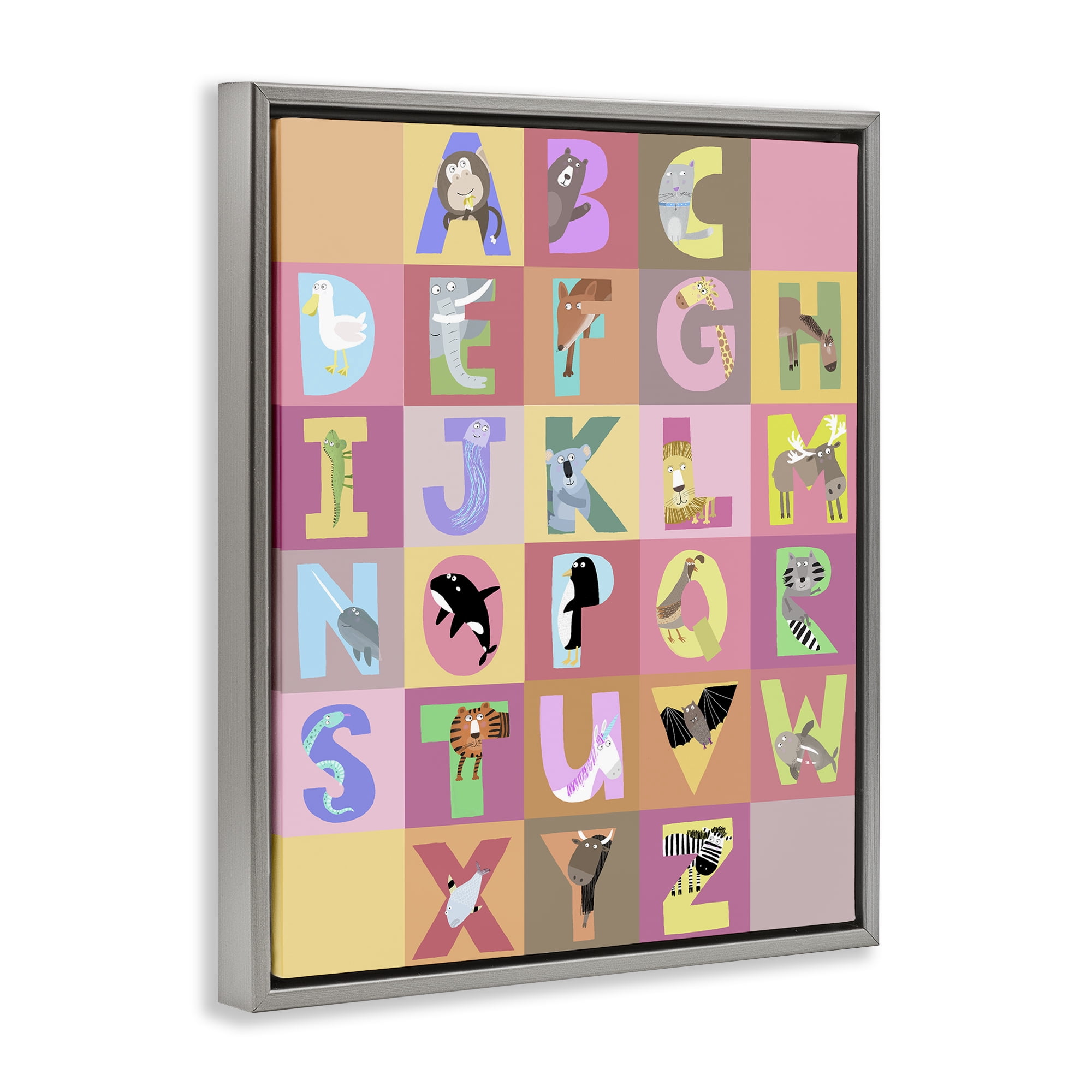 Stupell Industries Animal Alphabet in Pink Gray Framed Floater Canvas Wall Art, design by Carla Daly