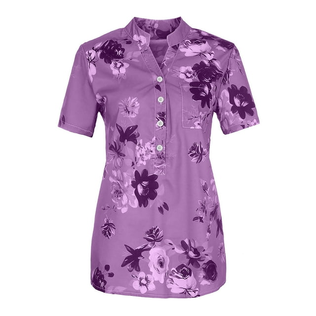 Birdeem Hauts d'Été pour Femmes Manches Courtes Col Fendu Chemises Imprimé Fleuri Blouses Élégantes avec Poche Poitrine
