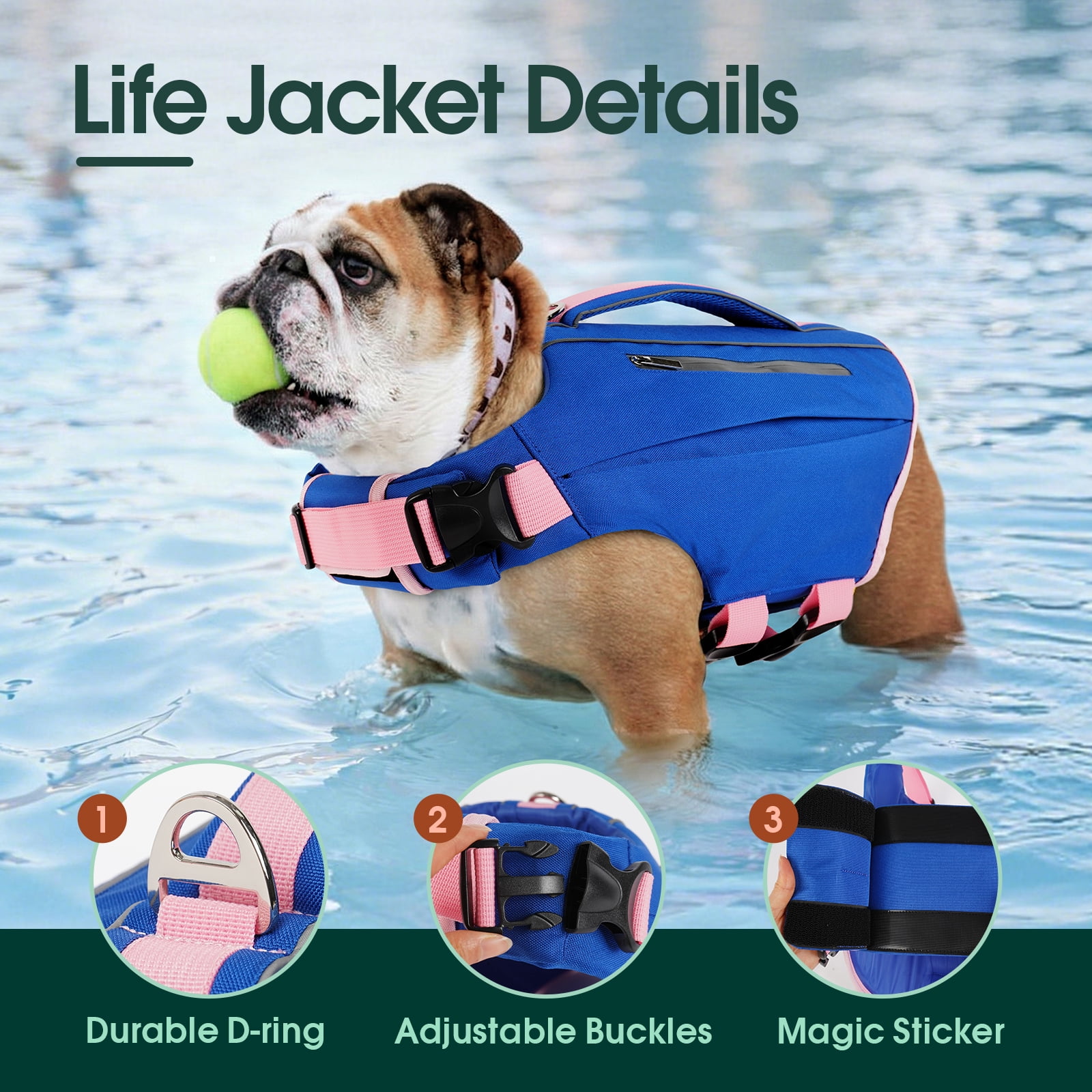 Kuoser Dog Life Jacket, High Flotation Dog Life Vest with Rescue Handle for Swimming Boating, Reflective Pet Safety Life Preserver for Small Medium Large Dogs, Blue, L