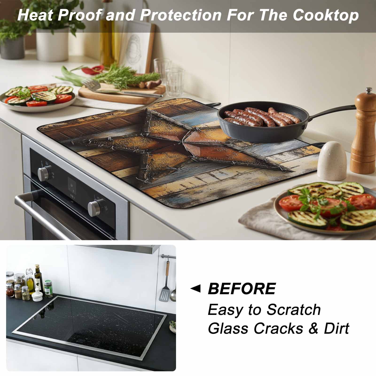 Farmhouse Retro Stove Top Cover for Electric Stove, Heat-proof & Non Slip Glass Top Stove Cover Protector, Brown Country Texas Star Wooden Grain Kitchen Flat Cooktop Rubber Mat 24x21 Inches
