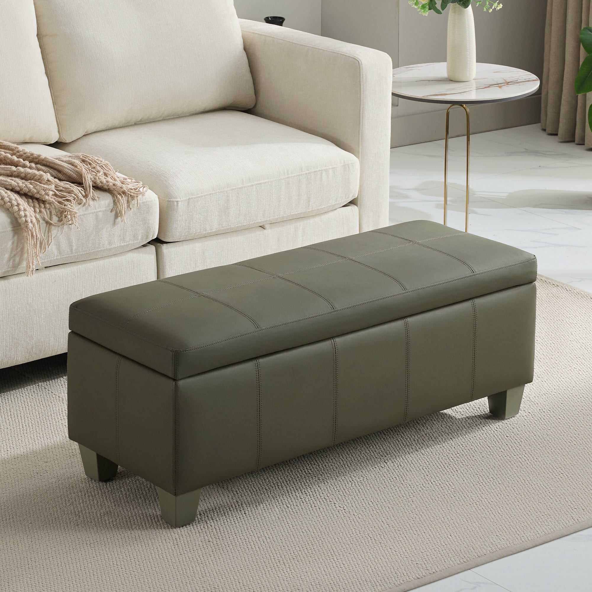 41'' Faux Leather Storage Ottoman Bench, Rectangle Upholstered Storage Bench with Wooden Legs, Stitch Tufted Bench with Storage for Bedroom, Living Room, Entryway, Green
