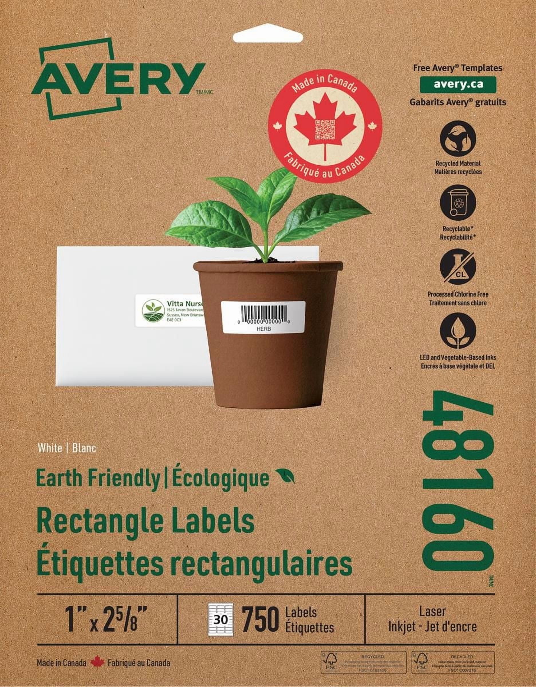 Avery® Earth-Friendly Address Labels for Laser and Inkjet Printers, 1" x 2⅝", 48160, White Rectangle Label, pack of 750