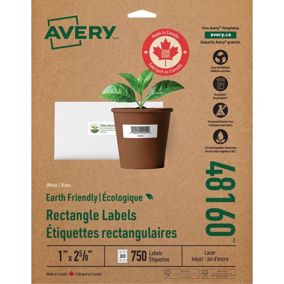 Avery® Earth-Friendly Address Labels for Laser and Inkjet Printers, 1" x 2⅝", 48160, White Rectangle Label, pack of 750