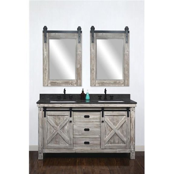 InFurniture WK8560-W-WK SQ TOP 60 in. Rustic Solid Fir Barn Door Style Double Sinks Vanity in White Wash with Limestone Top with Rectangular Sink - No Faucet - 61 x 34.6 x 22 in.