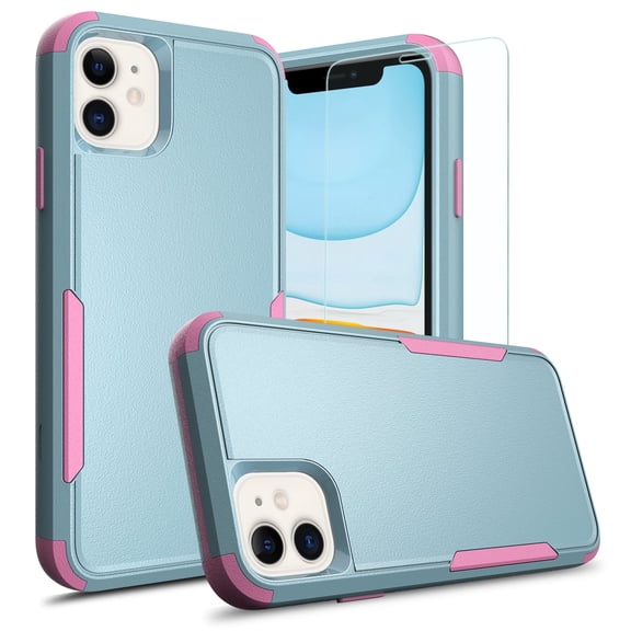 TJS Compatible with iPhone 11 Case with Tempered Glass Screen Protector, Heavy Duty Rugged Shockproof Full Body Protection Phone Cover (Teal)