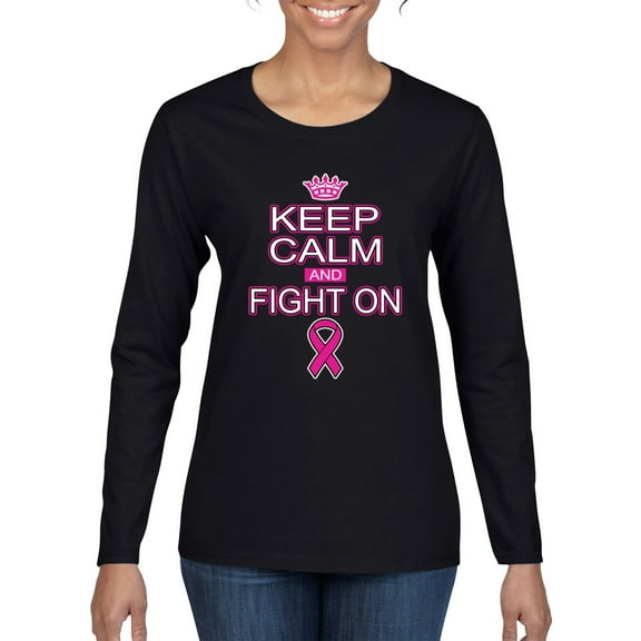 Wild Bobby Keep Calm and Fight On Breast Cancer Awareness Women Graphic Long Sleeve T-Shirt, Black, Small