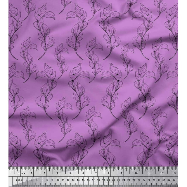 Soimoi Purple polyester Crepe Fabric Pear Leaves Decor Fabric Printed Yard 42 Inch Wide