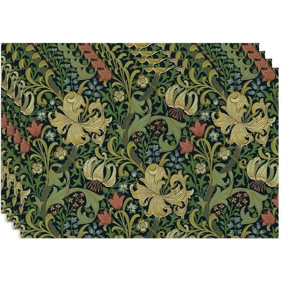 Vintage Floral Placemats Set of 4, William Morris Retro Boho Botanical Plant Place Mats, Heat Resistant Non Slip Cotton Linen Dining Table Mats for Home Kitchen Party 18x12 Inch