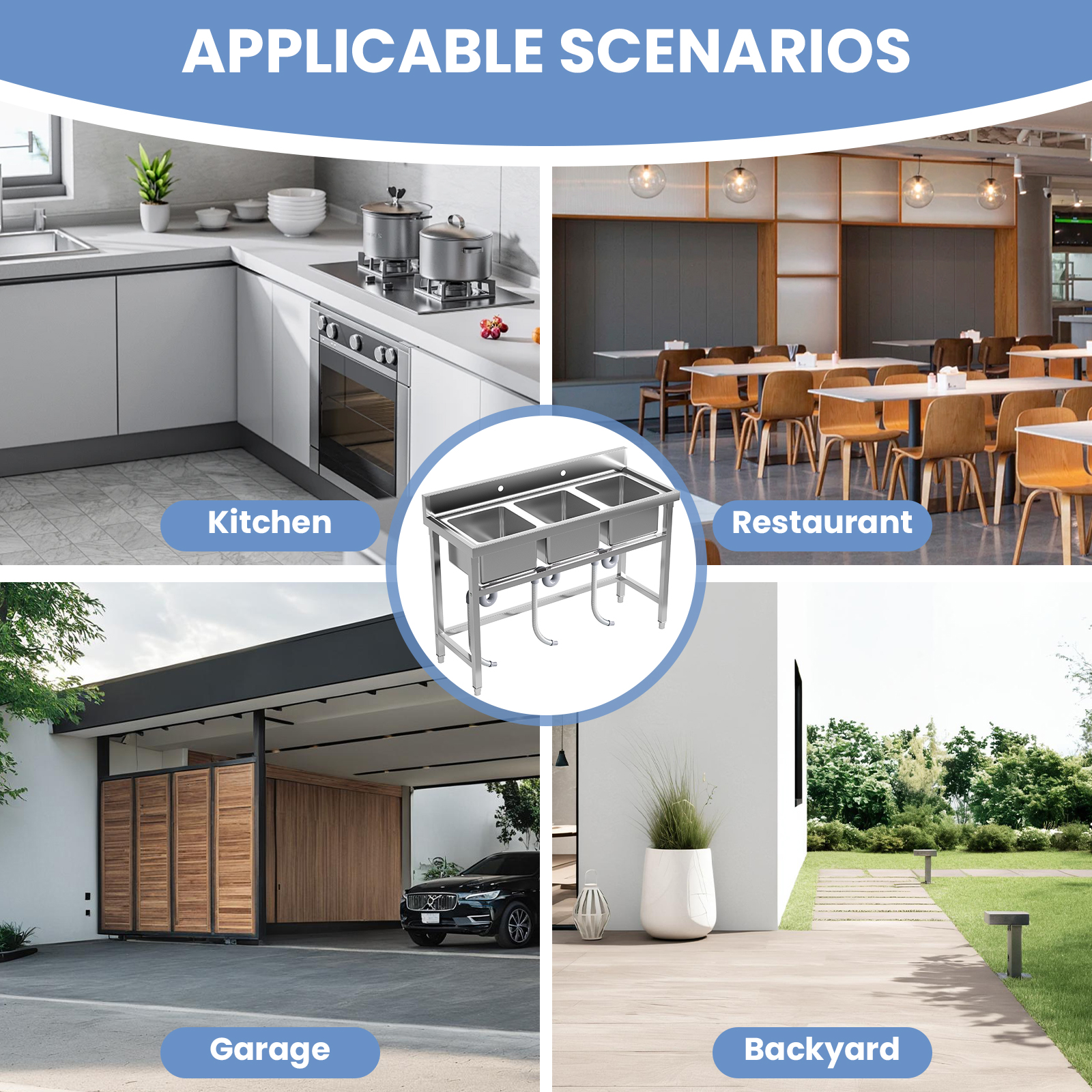 3 Compartment Commercial Utility Sink, Outdoor Freestanding Kitchen Sink with Adjustable Legs, Utility Sink, Freestanding Utility Sink for Laundry, Farmhouse Use