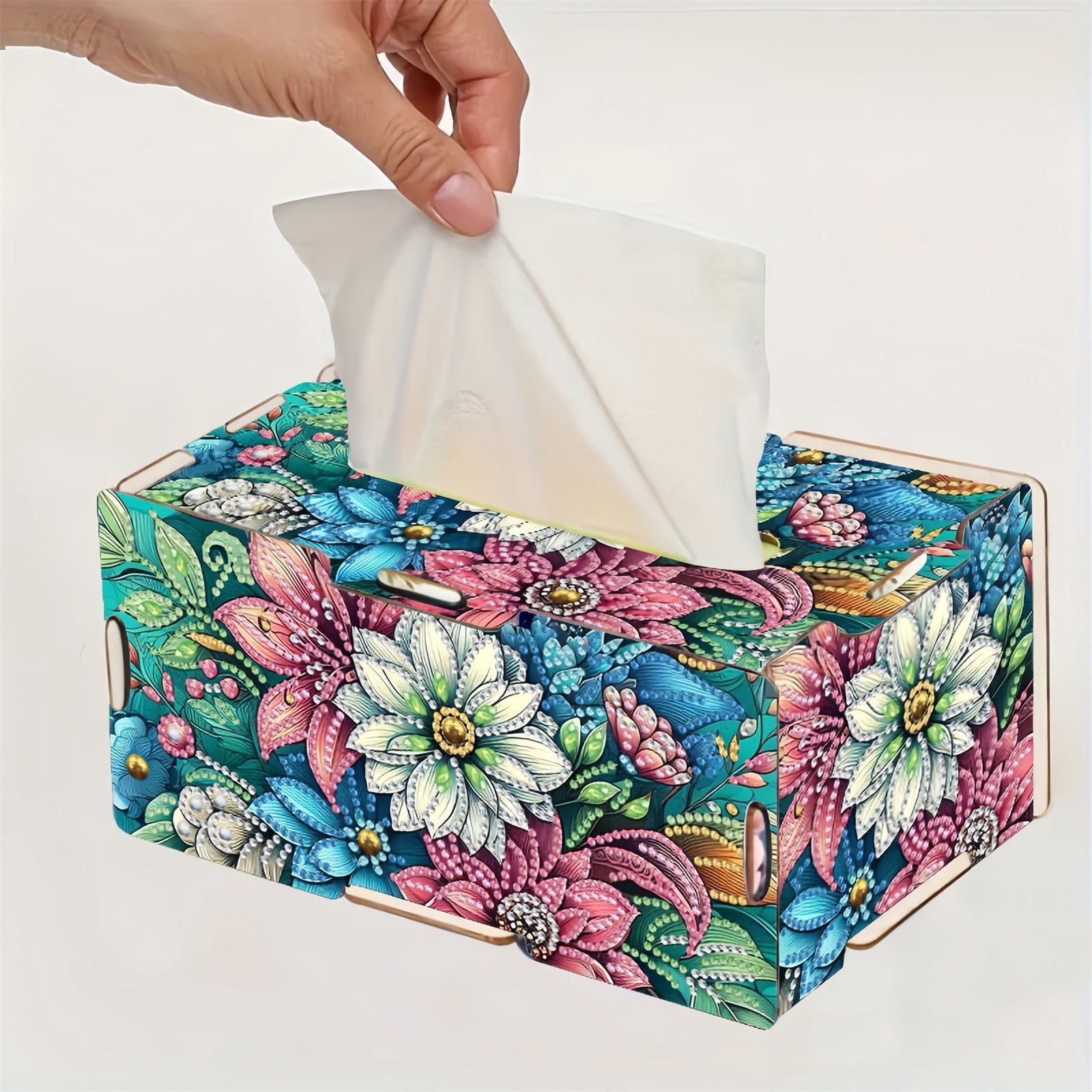 FLOPESN DIY Diamond Art Painting Wooden Assembly Paper Box, 8.86*5.31in, Creative Design Table Decor Rectangular Paper Towel Storage Box-2PCS Flowers-1