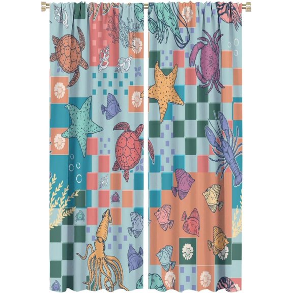 Ocean Curtains Colorful Geometric Pattern Ocean Animals Sea Turtle Fish Bedroom Living Room Bathroom Blackout Rod Pocket Decoration Window Drapes 2 Panels W21xL63in