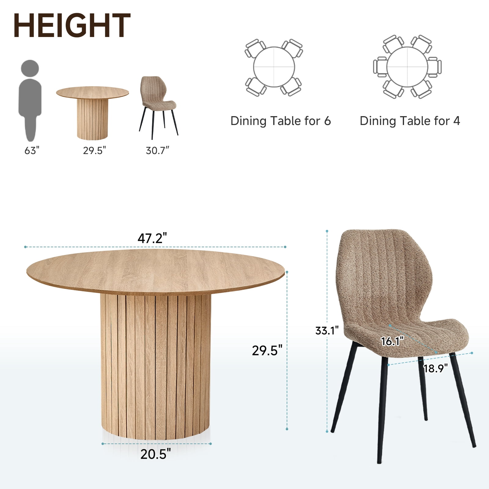 47" Round Dining Table Set of 4, Natural Wood Kitchen Table with 4 Brown Boucle Dining Chairs
