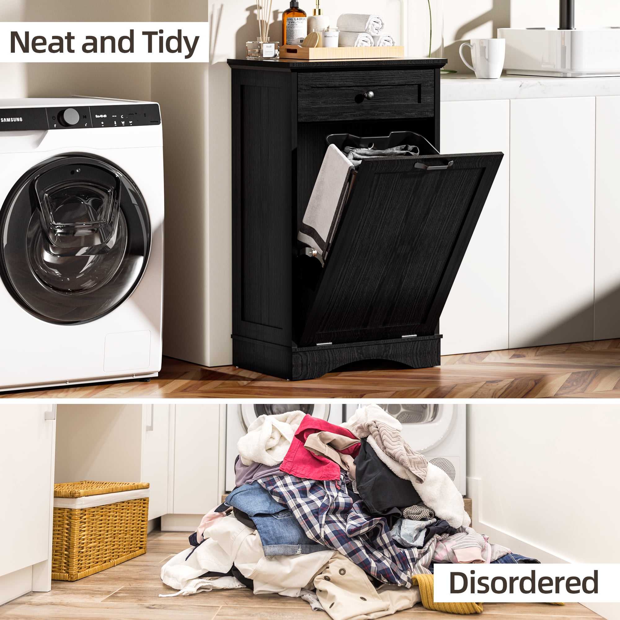 HARIPUL 13 Gallon Tilt Out Trash Cabinet for Kitchen, Single Kitchen Trash Can Cabinet with Drawers, Black