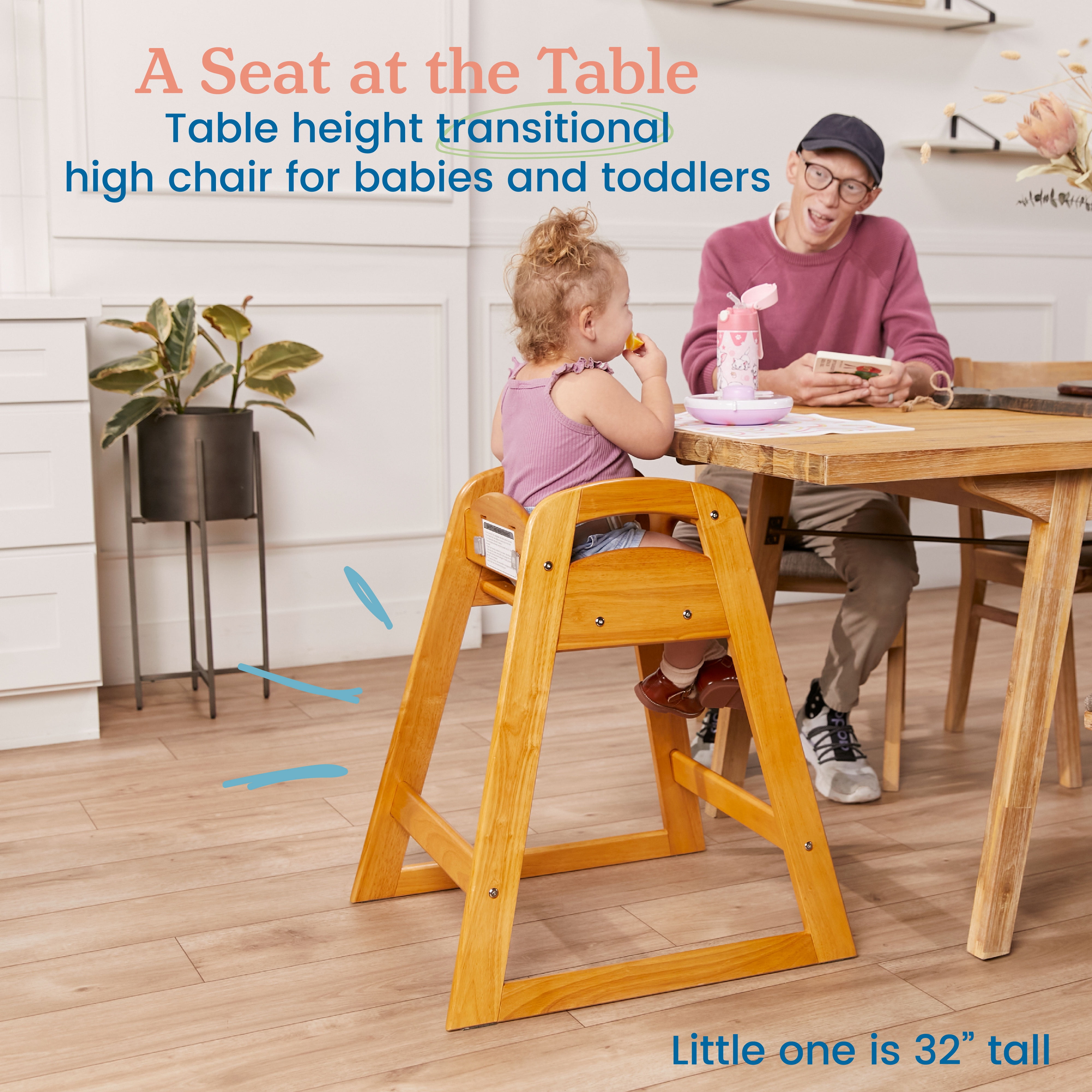 ECR4Kids ASATT Wooden Baby High Chair with Safety Strap, Childrens Furniture, Honey