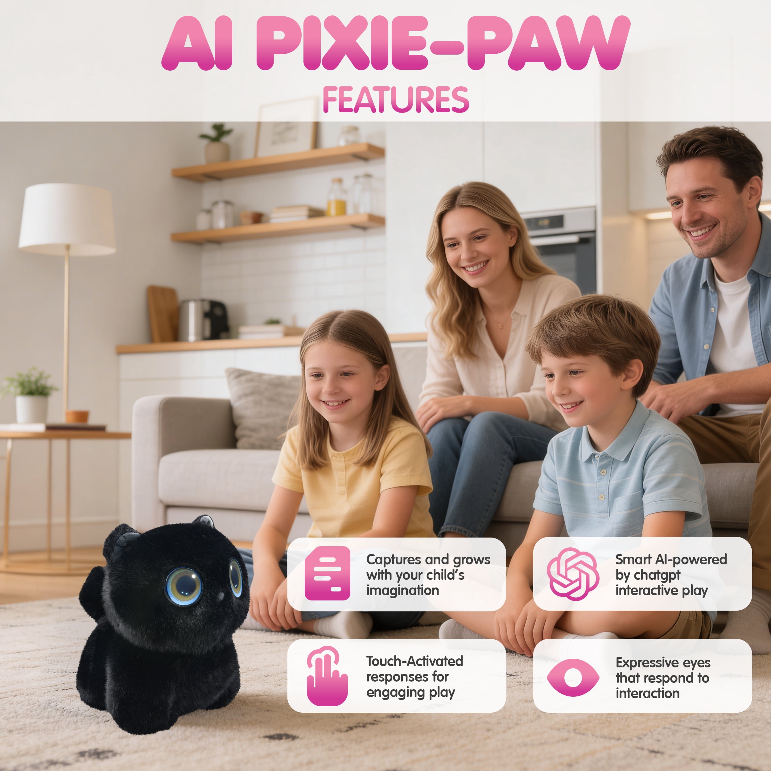 AI Pixie Paw Smart Interactive Plush Cat Voice Responsive Touch Activated Expressive Eyes AI Companion Stuffed Animal for Kids and Pet Lovers, Black