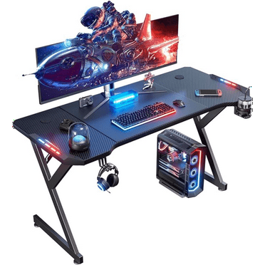 55 Inch Gaming Desk with LED Lights, Ergonomic Computer Gaming Table with Carbon Fibre Surface, Sturdy PC Workstation Desk for Gaming and Home Office with Headphone Hook, Cup Holder, Black