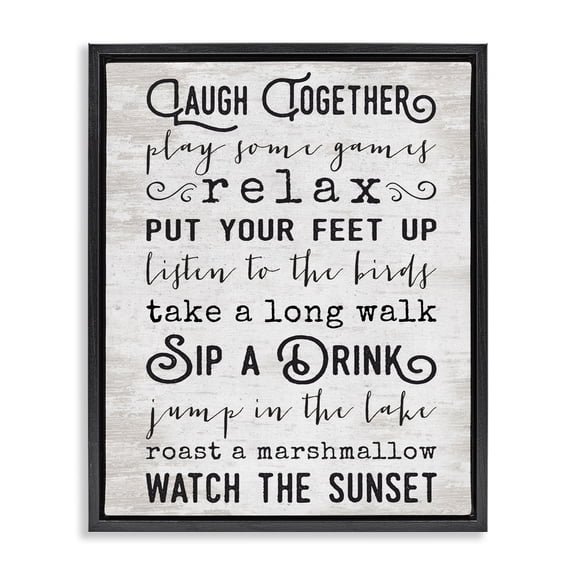 Stupell Industries Rustic Lodge Lake Rules Relaxing List Rustic Weathered Pattern Black Floating Frame Canvas Art, 17 x 21, by Lettered and Lined