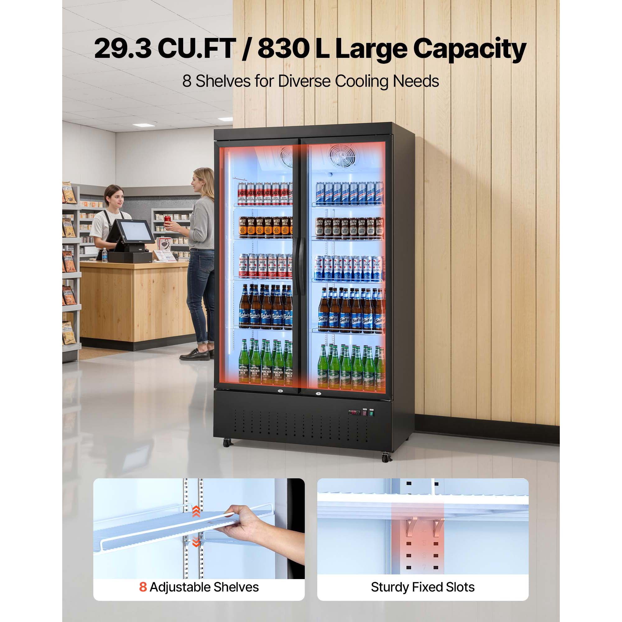 KFFKFF Commercial Merchandiser Refrigerator, 29.3 Cu.Ft / 830L Upright Cooler with Dual Glass Doors, 8 Adjustable Shelves, LED Lighting & Casters for Bars, Stores, and Supermarkets