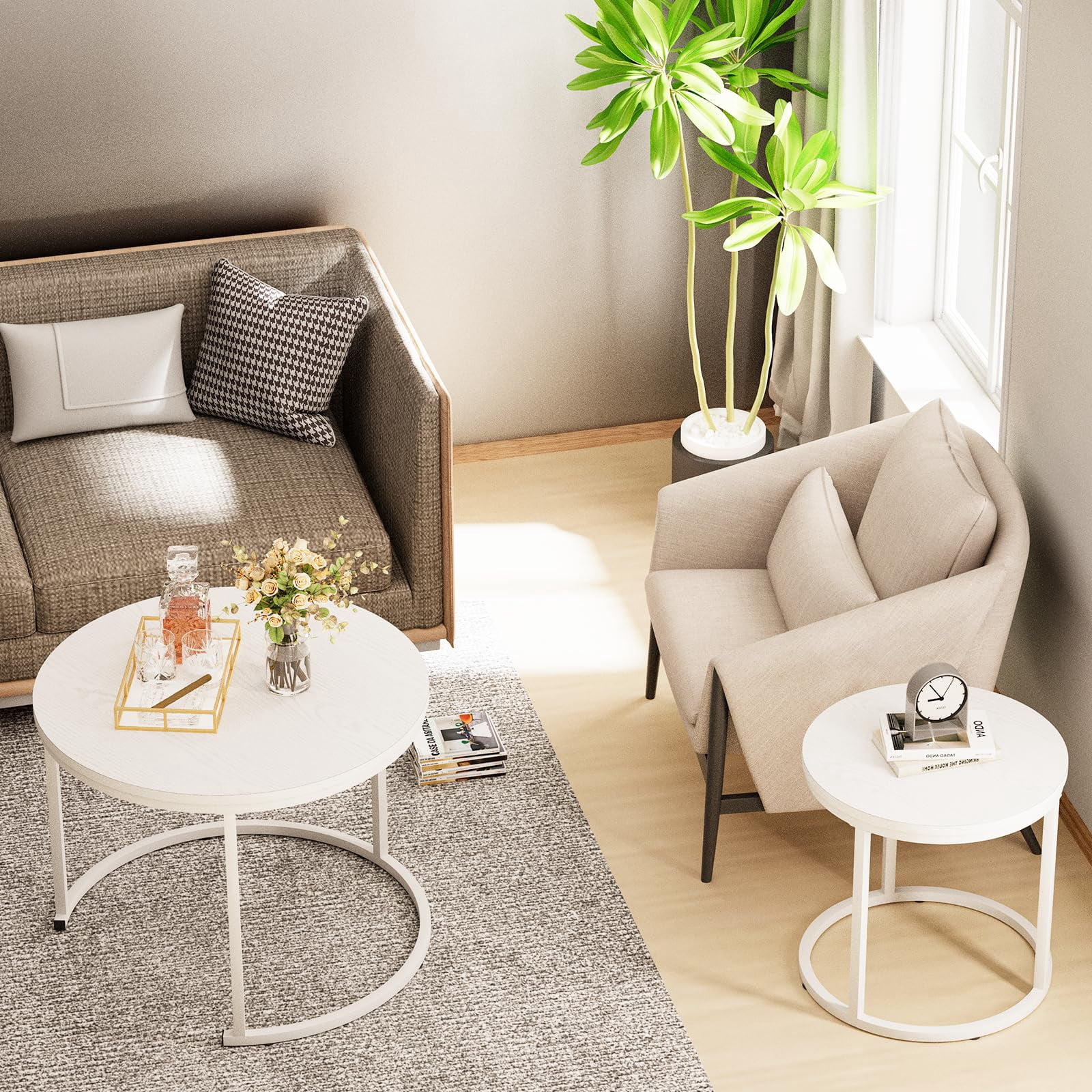 Nesting Coffee Table Round Side Table Set of 2 End Tables for Living Room Bedroom Balcony,White Wooden Stacking Accent Coffee Tables with Metal Frame