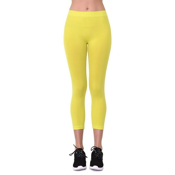 Women's Seamless Nylon Workout Active Solid Plain Capri One Size Leggings (Yellow)