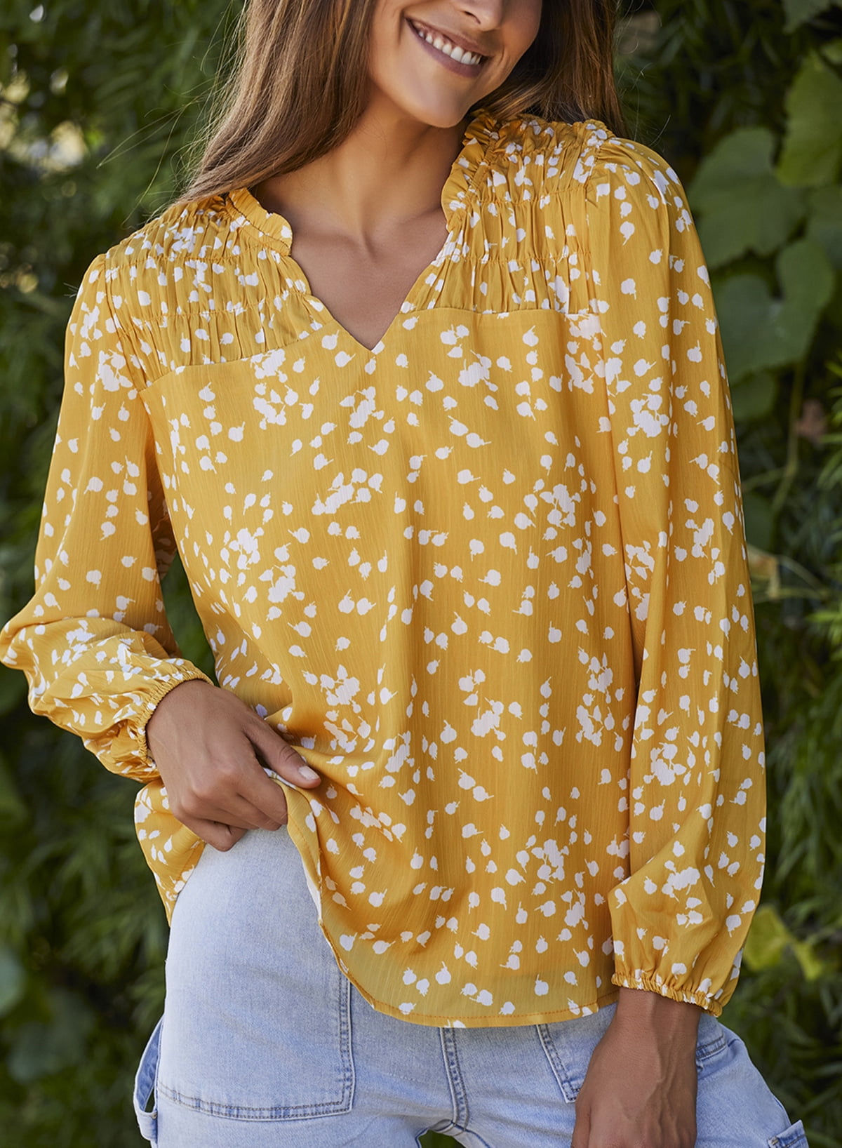 Blouses for Women Long Sleeve V Neck Smocked Tops Casual Boho Floral Print Chiffon Blouse Shirts Yellow M