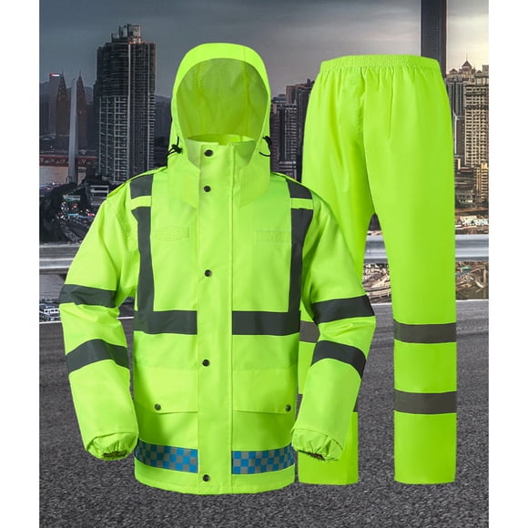 Raincoat and Rain Pants Set for Women, Reflective Waterproof Outdoor Wear, Hooded Long Sleeve, Polyester Fabric, L/170 Size, for Rainy Day Use