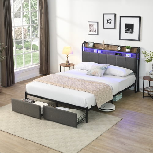 Queen Bed Frame, Storage Headboard with Charging Station, Solid and Stable, Noise Free, No Box Spring Needed, Easy Assembly