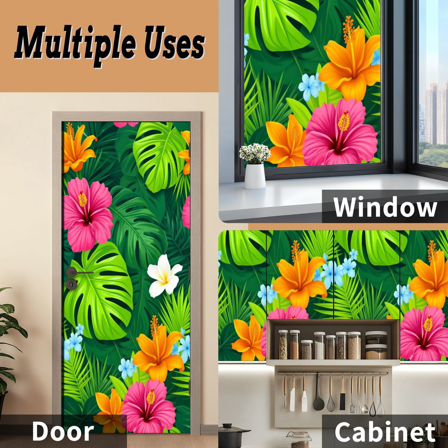 Self Adhesive Vinyl Refrigerator Wrap Set Vibrant Tropical Floral Hibiscus Plumeria Green Leaves Door Mural Removable Fridge Sticker Peel and Stick&nbsp;Full Door Cover Decal Kitchen Bar Decor